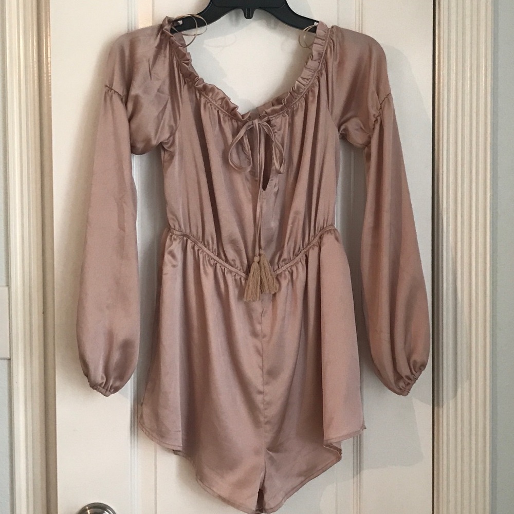 Beige satin off the shoulder romper